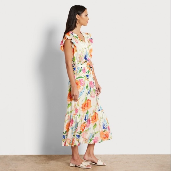 NWT Sam Edelman V-Neck Floral Midi Dress in White/Multi - Picture 3 of 9